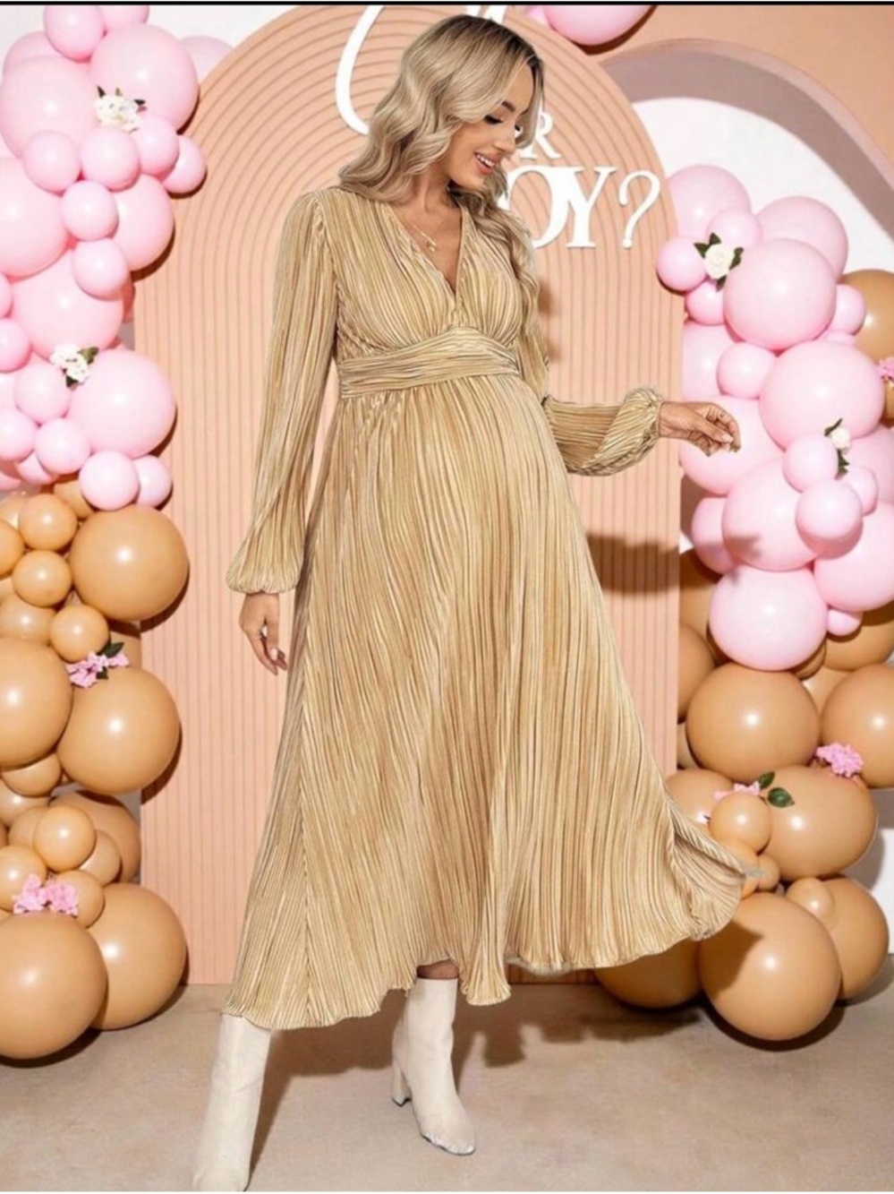Elegant Pleated V-Neck Maternity Dress in Champagne
